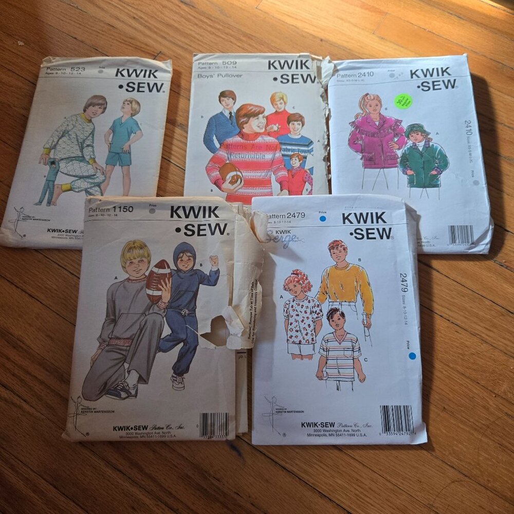 Kwik Sew sewing patterns mixed lot Kids Sweatpants, Tops unverified